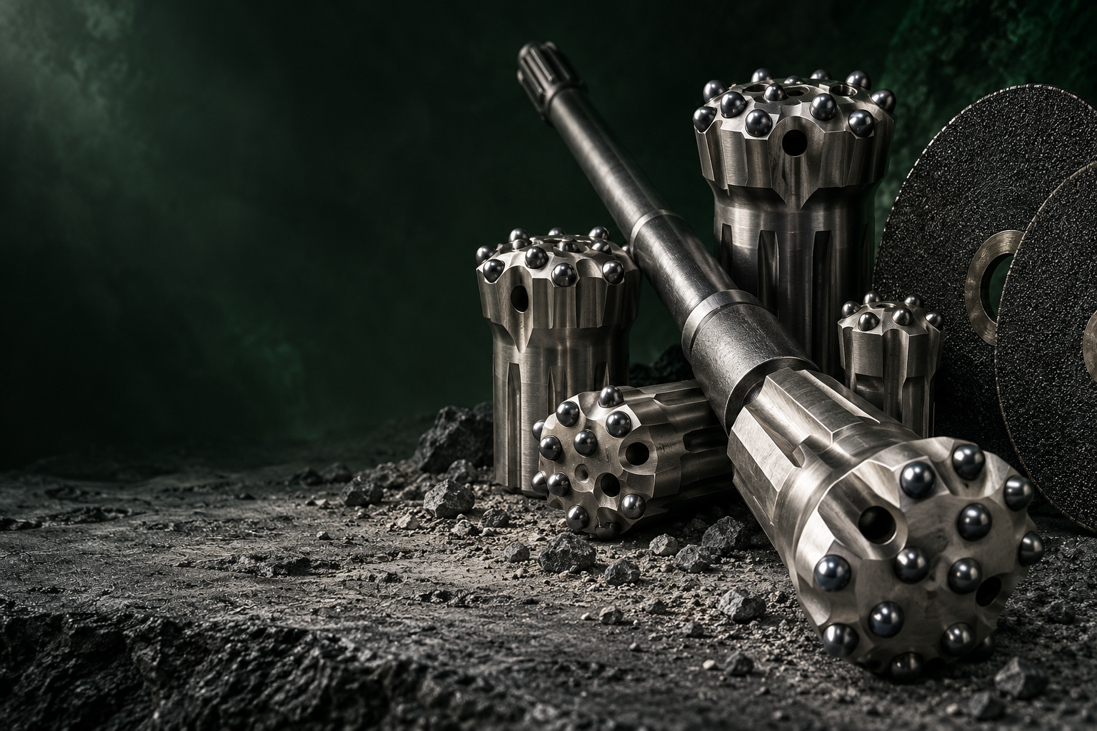 Illustrative rock drilling bits and drill string components